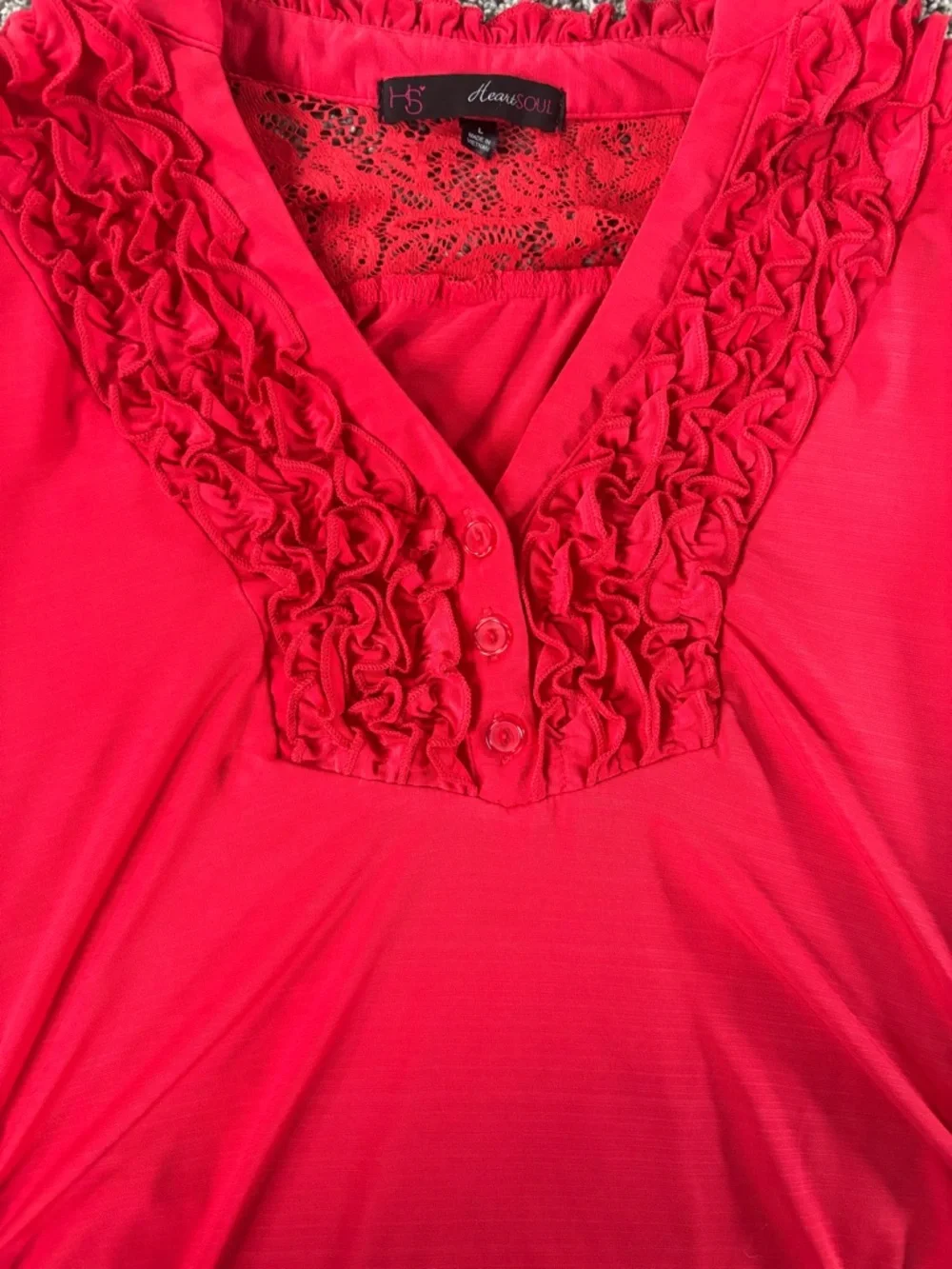 HeartSoul Red Ruffle V-Neck Lace-Back Blouse - Picture 3 of 4